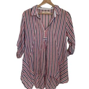 Isabella Sinclair Striped Button-Front Tunic - Red, Blue & White - Size S